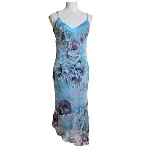 Vtg Y2K Dress Womens M/L Blue Purple Floral Rose Mesh Maxi Slip Fairy 90s Dress